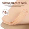 10 sheets of skin-tone fake tattoo skin in a practice book for tattoo outlining, shading, and color packing exercises.