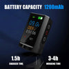 Wireless tattoo pen battery display showing 1200mAh capacity, 1.5 hour charging time, 3-4 hour working time, digital screen, voltage display, and rechargeable cordless power setup.