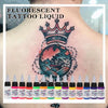 14-color fluorescent tattoo ink set with 15ml bottles and finished tattoo example | GTARTISTOO