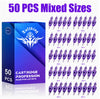 50 PCS mixed tattoo needle cartridges with 10 assorted RL, RS, and M1 sizes, five of each size, displayed beside the product box | Gtartistoo