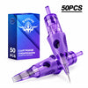 50-piece tattoo needle cartridge kit with purple cartridge needles and bulk pack box for lining, shading, and color packing | Gtartistoo