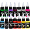 Fourteen GTARTISTOO tattoo ink bottles in 1/2 oz sizes, including black, white, red, green, blue, purple, pink, brown, orange, yellow, and silver shades.