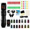 Complete black GTARTISTOO wireless tattoo pen kit with two batteries, 14 tattoo inks, cartridge needles, ink cups, grip tape, gloves, transfer paper, practice skin, and charging cable.