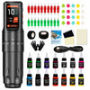 Complete black GTARTISTOO wireless tattoo pen kit with an IPS screen machine, 14 tattoo inks, cartridge needles, ink cups, grip tape, gloves, practice skin, transfer paper, and charging cable.