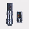 Silver wireless tattoo pen displayed beside a removable rechargeable battery module with LED voltage controls.