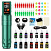 Complete green GTARTISTOO wireless tattoo pen kit with an IPS color display, adjustable stroke, 14 tattoo inks, cartridge needles, ink cups, grip tape, gloves, practice skin, and accessories.