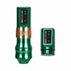 Green and gold GTARTISTOO wireless tattoo pen shown with a removable spare battery module and LED voltage controls.