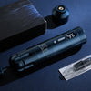 Dark blue K3 wireless tattoo pen shown with a storage box, power connector, and sealed cartridge needle.