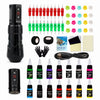 Complete black GTARTISTOO MAX tattoo pen kit with a spare battery, 14 tattoo inks, cartridge needles, ink cups, grip tape, gloves, transfer paper, practice skin, and charging cable.