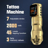 Gold wireless tattoo pen featuring seven adjustable stroke settings, a 2000mAh battery, tapping control, and three memory presets.