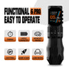 Black wireless tattoo pen highlighting timer, large-capacity battery, memory mode, dotting mode, jump-start, and low-noise operation.
