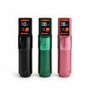 Three GTARTISTOO wireless tattoo pens in black, green, and pink with digital displays and adjustable stroke dials.