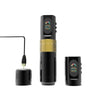 K3 dual battery wireless tattoo pen machine shown with two rechargeable battery modules and charging cable for longer tattoo sessions and cleaner wireless setup.