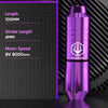Purple wireless tattoo pen machine showing 100mm body length, 4.0mm stroke length, and 8V 8000RPM motor speed for tattoo practice, lining, shading, and color work.