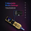 Gold wireless tattoo pen showing seven adjustable stroke lengths from 2.3mm to 4.5mm for lining, shading, and color packing.