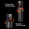 Black wireless tattoo pen showing six stroke lengths from 2.3mm to 4.5mm and a removable magnetic snap-on battery module.