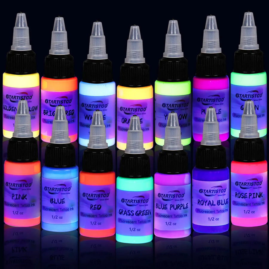 GTARTISTOO Fluorescent Tattoo Ink Set 14 Colors – 1/2 oz Bottles