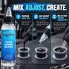 Three-step illustration showing how to add tattoo ink diluent gradually and mix black tattoo ink | GTARTISTOO