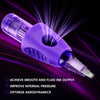 Purple tattoo cartridge needle showing the airflow channel design, textured grip, and transparent needle tip | Gtartistoo